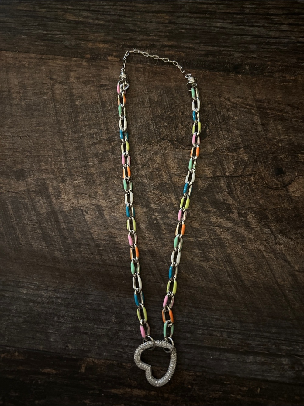 By Alexa Rae Multicolor Enamel Link Necklace with Pave Heart Caribiner Pendant